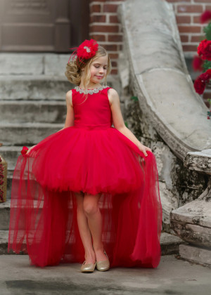 Beaded Red Satin Tulle V Back High Low Flower Girl Dress